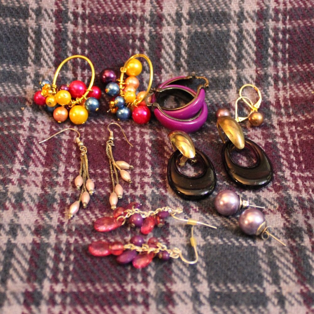 Purple Pink Faux Pearl Pierced Earring Lot of 8